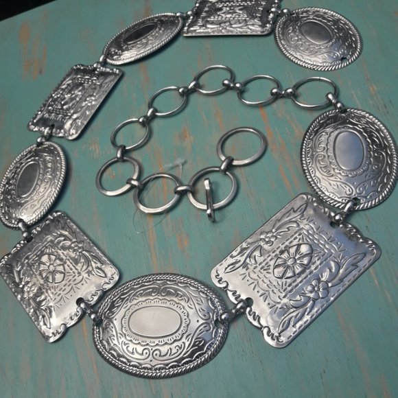 Metal Conch Belt Chunky Vintage Silver Real Metal Studded Womens Chain Link - Picture 7 of 12